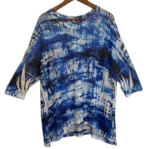 Jess and Jane Top Womens XL Blue White Tie Dye Gauze Half Sleeve Sheer Artsy